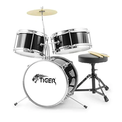 Afbeelding van TIGER Junior JDS7 BK Kinderdrumkit, 3 delig, voor beginners, kinderdrumset met snare, tomtomtom, basdrum, basdrumpedaal, cymbal, zitting en stokken, zwart