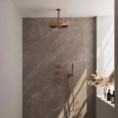 Afbeelding van Brauer Copper Edition Regendoucheset inbouw hoofddouche 30cm plafondarm 3 gladde knoppen handdouche staaf 1 stand PVD geborsteld koper