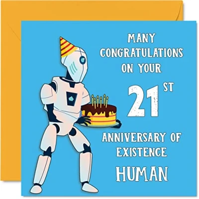 Afbeelding van Grappige 21e Verjaardagskaarten voor Mannen Vrouw Robot Droid Gelukkige Verjaardagskaart Zoon Dochter Broer Zus Kleinzoon Kleindochter Nichtje Neef Oom, 145mm x Grap Humor Banter
