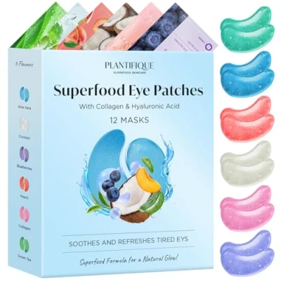 Afbeelding van Plantifique Superfood Oogpads, 12 stuks, tegen kringen en zwellingen met groene thee, collageen, aloë vera bosbessen