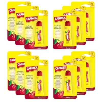 Afbeelding van Carmex Classic lippenbalsem tube kers (verpakking van 12 stuks) de originele medische hydraterend en rustgevend voor droge gebarsten lippen met beschermingsfactor 15