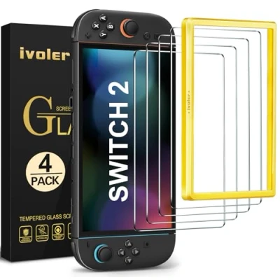 Afbeelding van ivoler 4 pack schermbeschermer compatibel met Nintendo Switch 2 Model 2025 uitlijningsframe, beschermfolie van gehard glas, zonder luchtbellen ultra resistente