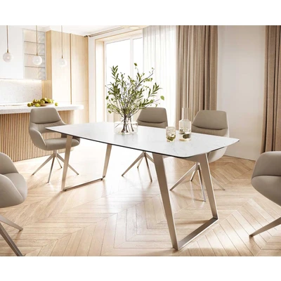Afbeelding van Eettafel Edge Bootsform keramiek Laminam® Statuarietto wit 200x100 roestvrij staal hoekig