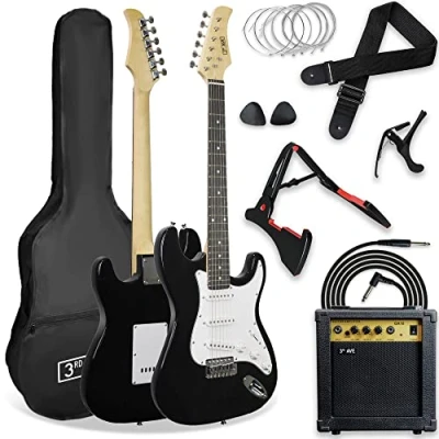 Afbeelding van 3rd Avenue XF 4/4 formaat elektrische gitaar, ultieme kit met 10W versterker, kabel, statief, gigbag, gitaarband, reservesnaren, plectrums, capo zwart