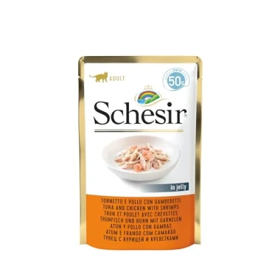 Afbeelding van 30x Schesir Kattenvoer Tonijn Kip Garnaal in Gelei 50 gr