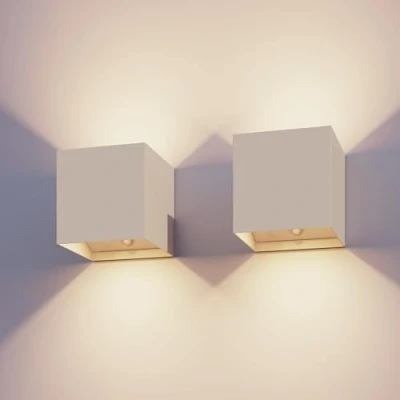 Afbeelding van Calex Volterra Oplaadbare Wandlamp Kubus 2 Stuks Up &amp; Down Tuinverlichting Modern Warm Wit Licht Voor Binnen en Buiten Waterdicht Eenvoudige Installatie Draadloos USB C Bewegingssensor Zand