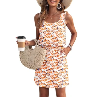 Afbeelding van WNEEDU Zomerjurk voor dames, mouwloze strandjurk, U hals, trekkoord, luchtige jurk, zomer, met zakken, sinaasappelblad, M