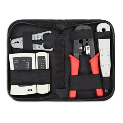 Afbeelding van deleyCON 4 delig Netwerkgereedschap Set met tas Kabeltester Krimptang LSA Installatiegereedschap Striptang IT Computer Netwerk LAN CAT Tool RJ11 RJ12 RJ45