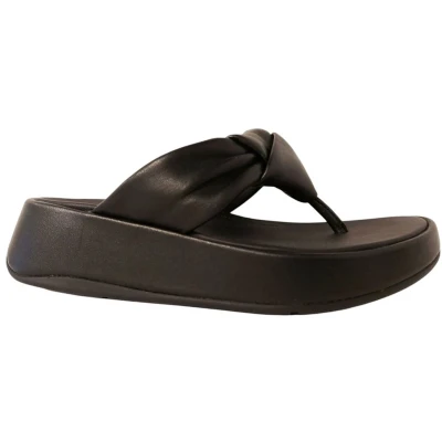 Afbeelding van FitFlop F Mode Knot Soft Leather Flatform Toe Post Sandals ZWART Maat 38