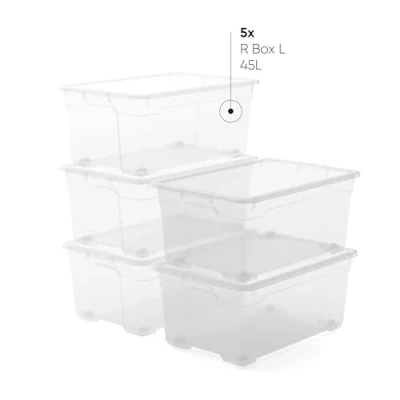 Afbeelding van Keter Opbergdozen van kunststof met deksel, R Box l, transparant, wielen, geschikt voor kasten en garages, 45 56,5 x 38 26 cm, 5 stuks