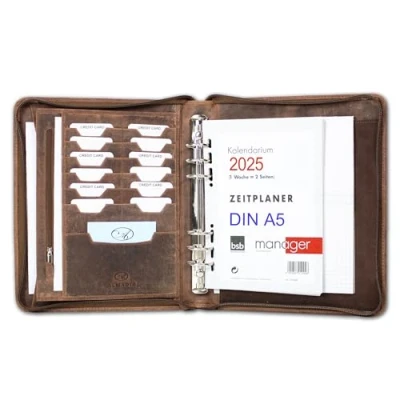 Afbeelding van ALMADIH lederen map A5 organizer met ringmechanisme ritssluiting kalender 2024 en 2025 premium rundleer bruin vintage OS afsprakenplanner agenda (A5