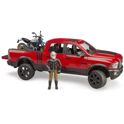 Afbeelding van Bruder RAM 2500 Power wagon met Scrambler Ducati Desert Sled motor en bestuurder 1:16