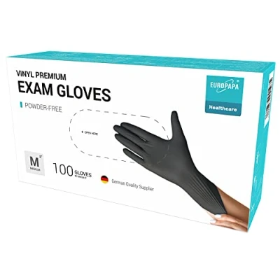 Afbeelding van EUROPAPA® Vinylhandschoenen, wegwerphandschoenen, onderzoekshandschoenen, latexvrij, poedervrij, verkrijgbaar in maten S, M, L en XL, zwart, premium kwaliteit, 100 stuks