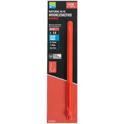 Afbeelding van Preston Natural N 10 Hooklenghts Barbed (8 pcs) Maat : 15cm haak 16 0.10mm