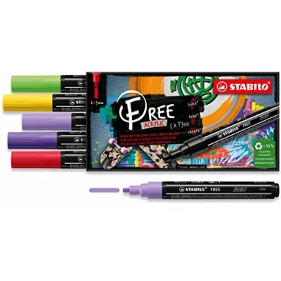 Afbeelding van STABILO FREE Acryl Marker T300 Ronde Punt 2 3 mm Set Vibrant Met 5 Verschillende Kleuren