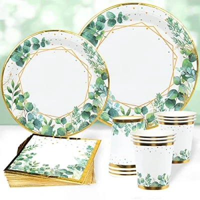 Afbeelding van Patimate Salie Groene Papieren Borden Servetten Bekers Set, 96 Stuks Groen Goud Party Servies, Wegwerp Baby Doucheborden Cups en voor Verjaardagsfeestbenodigdheden, Babyshower, Jungle Safari