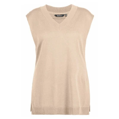 Afbeelding van Ulla Popken, Dames, Grote maten, pullunder, diepe V hals, zijsplitten, mouwloos, beige, 50/52 maten