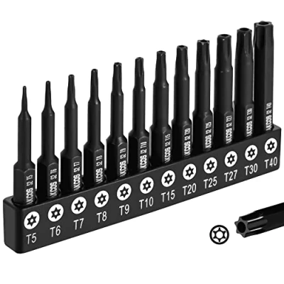 Afbeelding van DAKCOS 12 delige sabotagebestendige torx bitset, premium S2 gelegeerd staal beveiligingssterbits, 50 mm lang T5 T40