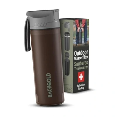 Afbeelding van Bachgold® Professionele outdoor waterfilterfles met 1500 liter filtercapaciteit, verwijdert 99,99% van alle bacteriën en filtert virussen, deeltjes zware metalen, bruin
