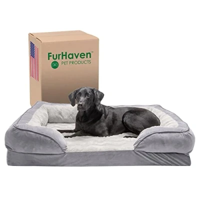 Afbeelding van Furhaven XL orthopedisch hondenbed, perfect comfort, pluche en fluwelen golven, bankstijl met afneembare wasbare hoes granietgrijs, Jumbo (XL)