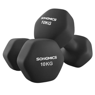 Afbeelding van SONGMICS Halters, Set van 2, 2 x 10 kg, Haltersset, Zeskant, Neopreen Coating, Krachttraining, Workout, Fitnesstraining, voor Thuis, Inktzwart SYL110B01