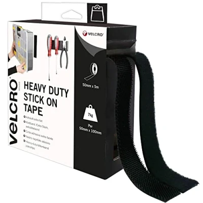Afbeelding van VELCRO merkproduct klittenband zelfklevend op maat te snijden industrieel extra sterk dubbelzijdig met klittenbandsluiting zwart 50 mm x 5 m