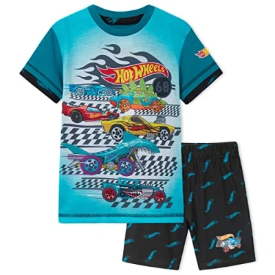 Afbeelding van Hot Wheels Pyjama voor kinderen, jongens, korte pyjamaset pyjashort T shirt en shorts, 3 8 jaar, officieel, Blauw/Zwart, 4 5 Jaren