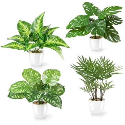 Afbeelding van PASCH® Set van 4 tropische kunstplanten zoals echt (25 cm) in witte keramische potten: o.a. Monstera kunstpalm &amp; Areca kunstpalm, pot, nepplant, kunstbloemen pot