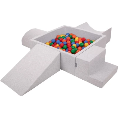 Afbeelding van KiddyMoon schuimspeelplaats voor kinderen met vierkante ballenbak (300 ballen), lichtgrijs: geel / groen blauw rood oranje