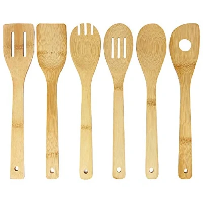 Afbeelding van Joeji&#039;s Kitchen 6 bamboe houten keukengerei voor koken, resistent en stijlvol gebruiksvoorwerpen: lepel, spatel, sleuflepel, sleufspatel, spork, spatel met gat