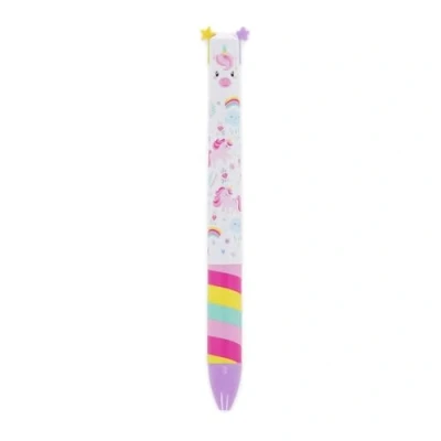 Afbeelding van Legami Click&amp;Clack tweekleurige pen, paarse en roze inkt, drukstift, ideaal voor school, kantoor, thuis, schattige eenhoorn cadeau idee, kinderen volwassenen, tweekleurig, diameter van