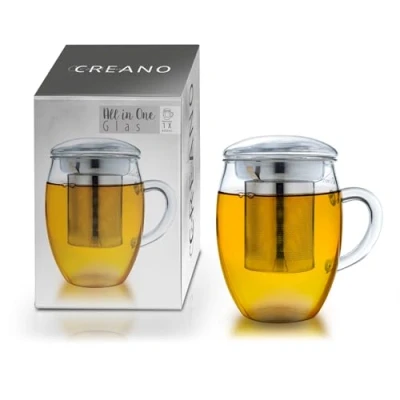 Afbeelding van Creano Theeglas Alles in één 400ml, Grote theekop met roestvrijstalen zeef en glazen deksel, Theemaker aantrekkelijke geschenkverpakking (1x 400ml)