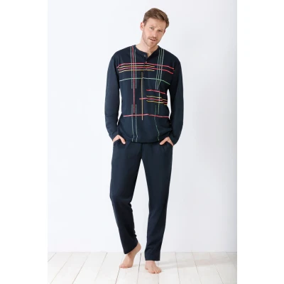 Afbeelding van Blauwe heren pyjama met gekleurde strepen Blauw Maat 58