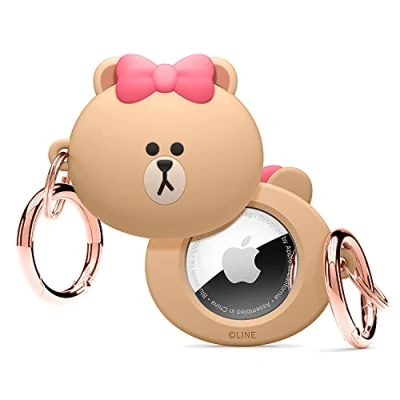 Afbeelding van elago l LINE FRIENDS Silicone Hoesje Compatibel met Apple AirTag Tracker Volledige Bescherming, Sleutelhanger Inbegrepen, Eenvoudig Ontwerp, Krasvrij, Valbescherming [Officiële Handelswaar] (CHOCO)
