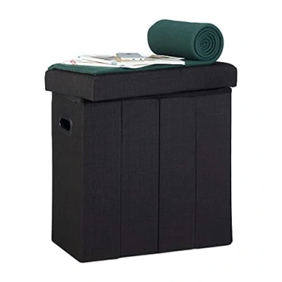 Afbeelding van Relaxdays poef met opbergruimte, opvouwbaar, smal, van linnen, polyester, MDF, HBD: 49,5 x 46 25,5 cm, in het zwart