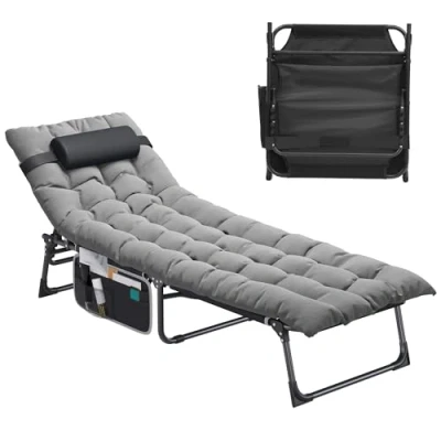 Afbeelding van YITAHOME Ligligstoel met kussen 190 x 68 31 cm, opvouwbaar zonnebed in 5 standen verstelbaar, ligstoelen afneembare hoofdsteun en zijvak draagvermogen 136 kg voor tuin, strand, camping, grijs