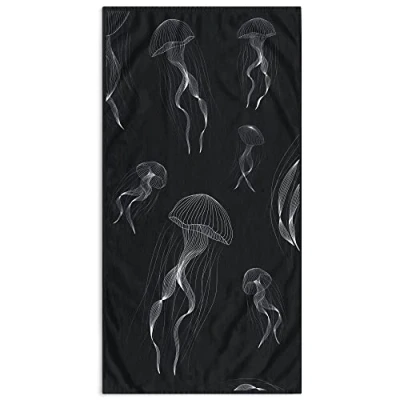 Afbeelding van DecoKing Strandlaken groot 90x180 cm katoen badstof velours badhanddoek donkerblauw Jellyfish