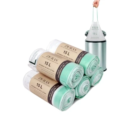 Afbeelding van ZURAS® 15 liter biologische afvalzakken met trekkoord 150 composteerbare, biologisch afbreekbare afvalzakken, DIN en 13432 gecertificeerd getest, scheurvast waterdicht