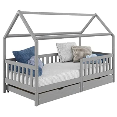 Afbeelding van IDIMEX NUNA Hutbed voor kinderen, eenpersoonsbed, Montessori, van hout, 90 x 200 cm, met opbergruimte 2 laden, massief grenen, grijs gelakt