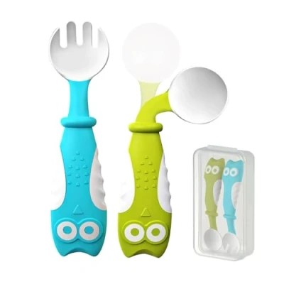 Afbeelding van Baby Lepel en Vork Eerste Leeftijd Vanaf 6 Maanden Ideaal voor Leren BLW Zacht Ergonomisch Bestek Praktisch Veilig Kinderbestek, Anti Verslikken Inclusief Etui