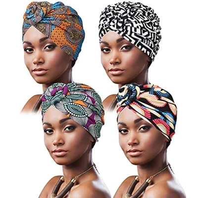 Afbeelding van DRESHOW 4 Pak Vrouwen Tulband Afrikaans Patroon Knoop Hoofddoek Beanie Voorgebonden Bonnet Chemo Pet Haaruitval Hoed