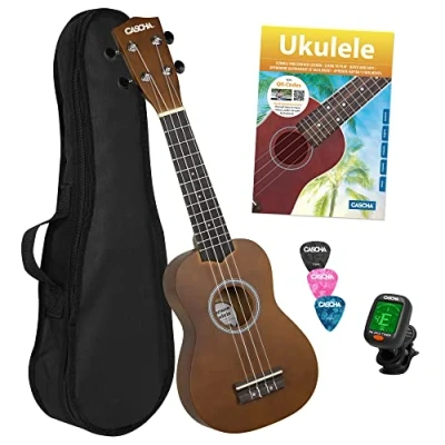 Afbeelding van CASCHA Sopraan ukelele set voor kinderen en volwassenen I starterkit met 3 plectrums tas leerboek leervideo&#039;s over QR code tuner Ik aquila snaren nylon klein Hawaii gitaar bruin