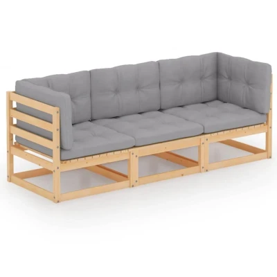 Afbeelding van 3 Delige Loungeset Met Kussens Massief Grenenhout 1 / Ja Naturel