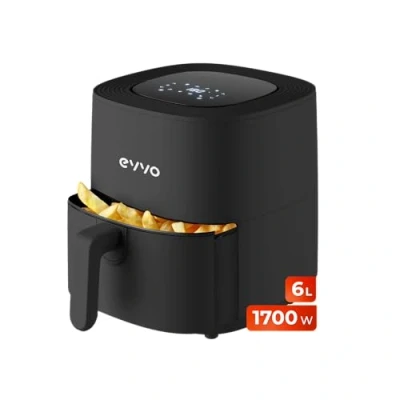 Afbeelding van EVVO Airfryer zonder olie, 6 l, 1700 W, anti aanbakbak, dual cyclone technologie, multifunctioneel, bakken, ontwatering, ontdooien, tot 200 C, automatische uitschakeling, zwart