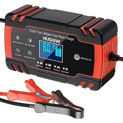 Afbeelding van Autolader 12V / 24V 8A Multibescherming en onderhouder, intelligent volautomatisch LED scherm voor motorfietsen, boten