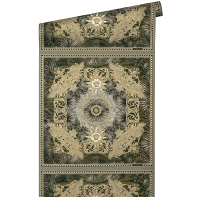 Afbeelding van &quot;JUNGLE&quot; SATIJN GLANZEND MEDUSA HOOFD BEHANG Design bruin goud zilver A.S. Création Versace 5