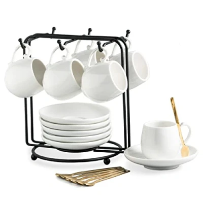 Afbeelding van Espressobekers met schotelset, 3 oz porseleinen koffiekopjes metalen standaard en lepels, keramische cappuccino Demitasse bekers voor espresso, latte, café mokka thee, set van 6, wit