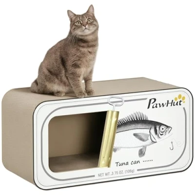 Afbeelding van PawHut 2 in 1 kattenkrabplank, kartonnen kattenhuis met kattenkruid