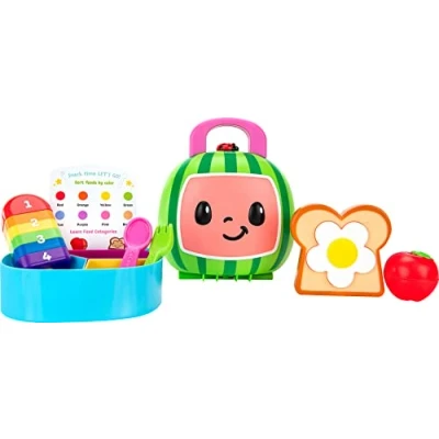Afbeelding van CoComelon Lunchbox speelset bevat lunchbox, 3 delig dienblad, vork, lepel, toast met ei, appel, ijs op een steel, activiteitskaart speelgoed voor kinderen, peuters en kleuters