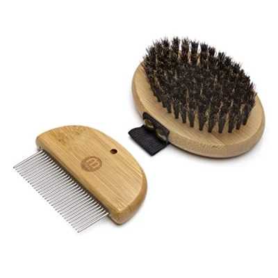 Afbeelding van Mikki Bamboe Puppy &amp; Kitten Gentle Grooming Kit, Inclusief Varkenshaar Palm Borstel en Kam voor Gebruik met Hond, Kat, Puppy, Handgemaakt van Natuurlijk Duurzaam Bruin